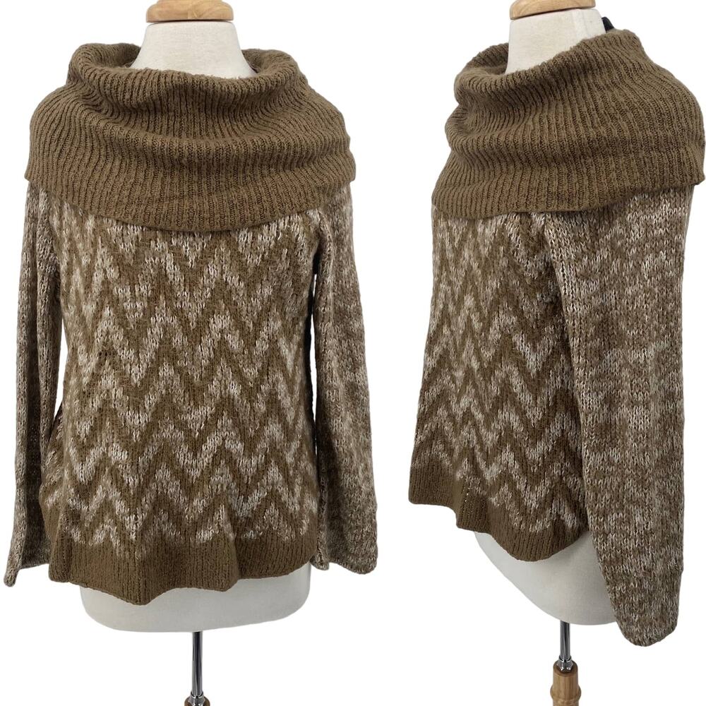 Wooden Ships Sweater Cowl Neck Chevron Patterned Wool Pullover Beige Womens M/L